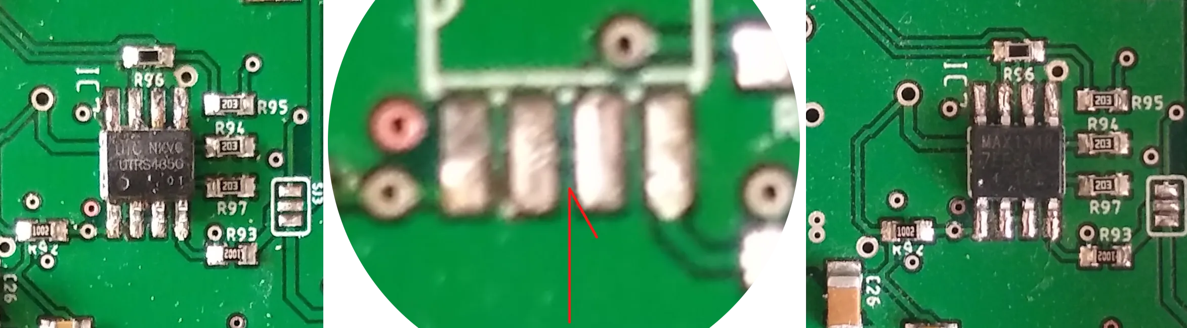 A series of images, from the left to right: the original UTRS485G IC, IC removed with the detail to the pins 2 and 3 confirming they are connected on the PCB, the new MAX13487E IC soldered in place