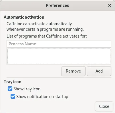 The caggeine Preferences dialog without any explicit apps