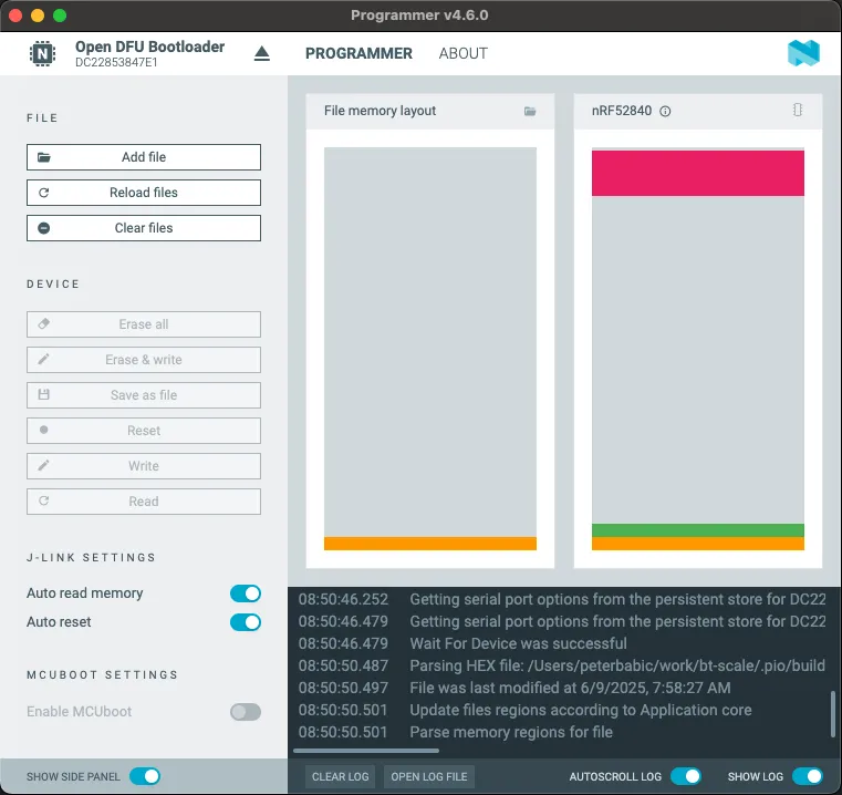nRF Connect for Desktop GUI Programmer interface with Write button grayed out