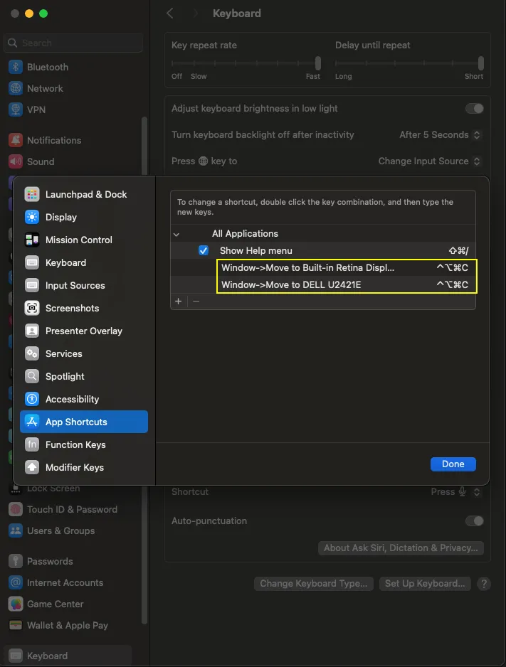 Mac OS Keyboard Settings for moving window to a monitor and back with a single shortcut