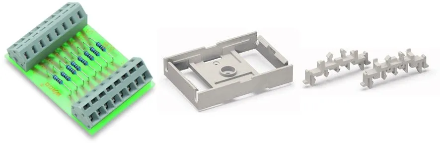 A pre-made component for a DIN rail containing 8 resistors and terminals for them.