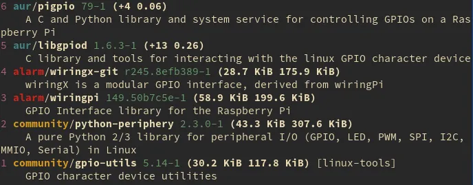 The result of yay gpio command on Archlinux ARM, the alarm repository can is present among the relevant results like community/gpio-utils, alarm/wiringpi or aur/pigpio