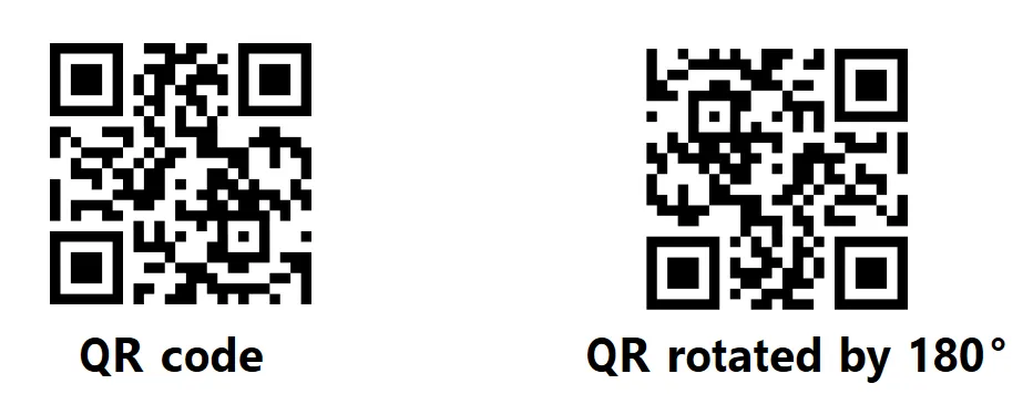 A QR code without a rotation on the left and the QR code rotated by 180 degrees on the right